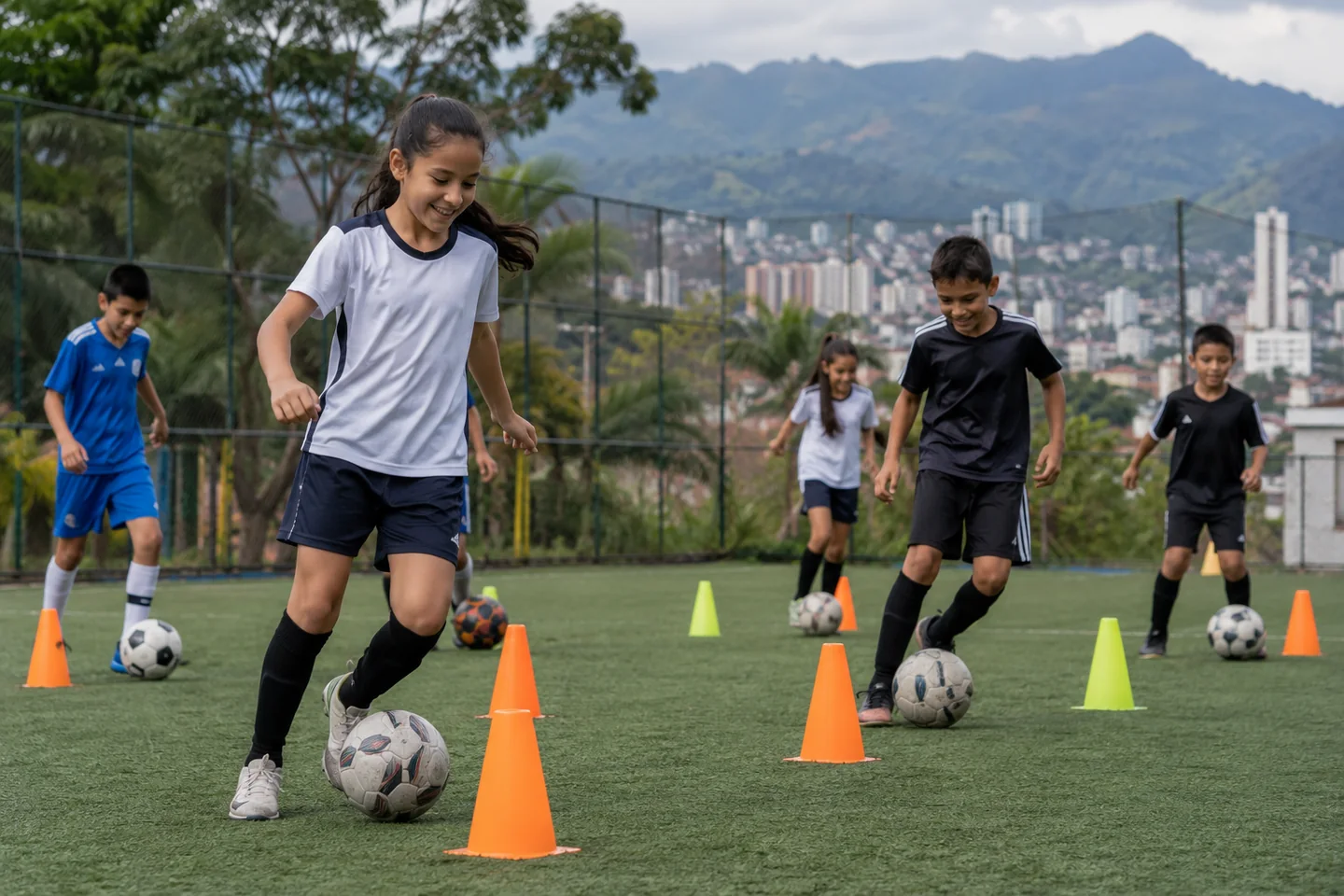 Niñas y niños practicando conducción de balón en Pereira