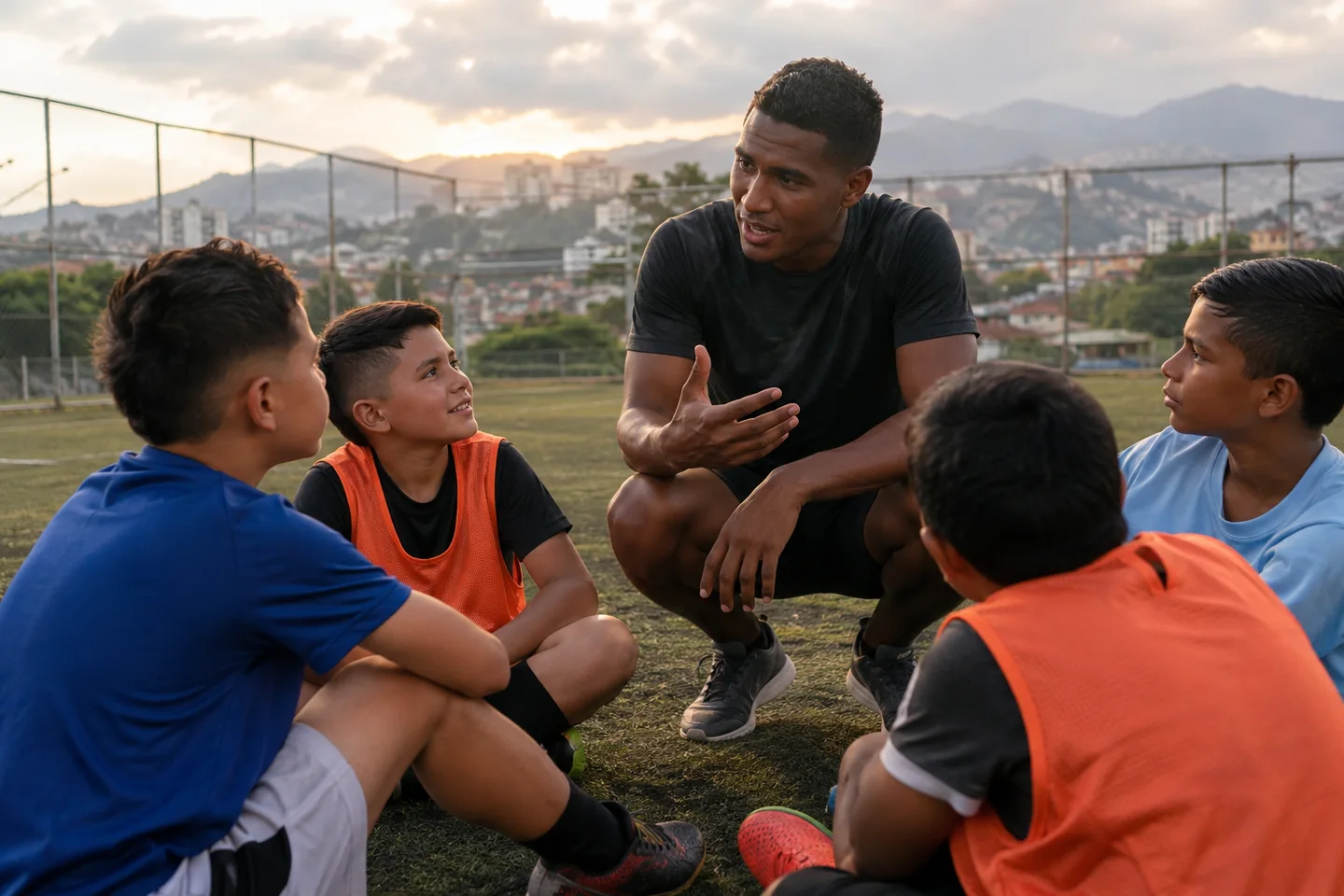 Entrenador hablando con un grupo infantil en Pereira