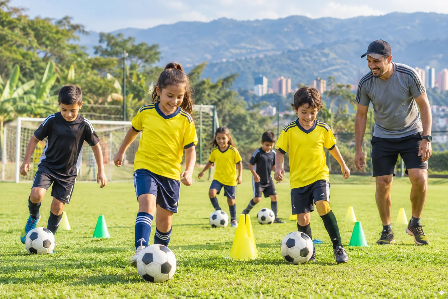 Niños entrenando fútbol en Pereira con entrenador